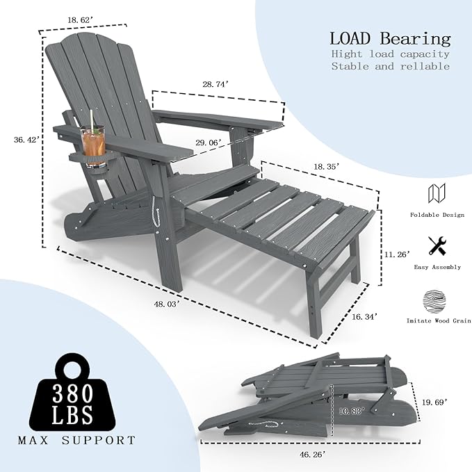 Adjustable Adirondack Chairs with Retractable Ottoman, HDEP Folding Adirondack Chair with Footrest & Cup Holder, All Weather Fire Pit Chair for Outdoor,Grey