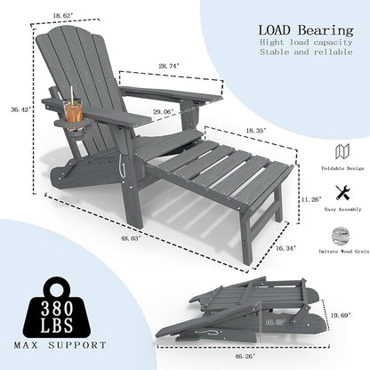 Adjustable Adirondack Chairs with Retractable Ottoman Set of 2, HDEP Folding Adirondack Chair with Footrest & Cup Holder, All Weather Fire Pit Chair for Outdoor,Grey