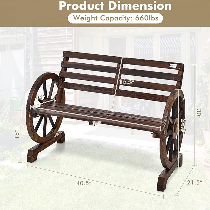 HAPPYGRILL Patio Garden Bench 2-Person Seat Rustic Wooden Wheel Bench with High Back & Wide Seat, Suitable for Patio Porch Garden