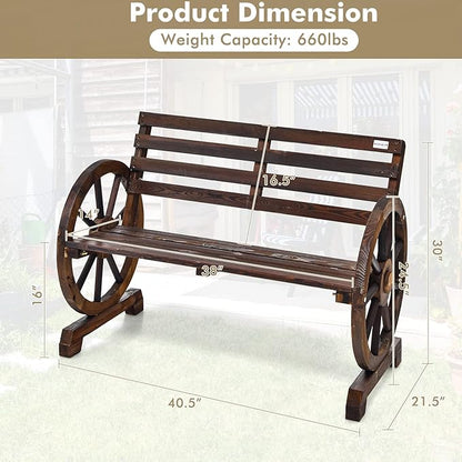 HAPPYGRILL Patio Garden Bench 2-Person Seat Rustic Wooden Wheel Bench with High Back & Wide Seat, Suitable for Patio Porch Garden
