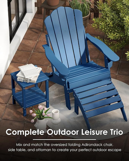 GREENVINES Oversized-Folding-Adirondack-Chairs-Set-of-2 | HDPE Plastic | Cup Holder | Fire Pit Chair | All Weather | for Outdoor Deck Backyard | Blue
