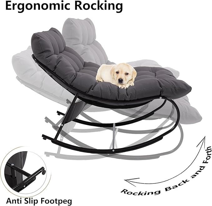 Upholstered Outdoor Rocking Chairs, Modern Patio Rocking Chair Set of 2 with Foot Rest, Sturdy Metal Papasan Rocking Chair, Cozy Rockings Recliner Chair for Bedroom/Living Room/Lawn, Gray