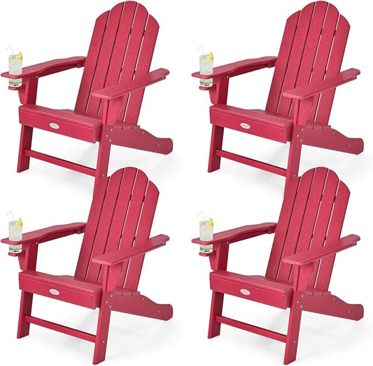Tangkula Adirondack Chair Outdoor, Fade Resistant HDPE Armchairs with Cup Holder, Weather Resistant Lounger Chairs for Patio Garden Backyard Deck, Lawn Porch Seating, Adirondack Lounger (4, Red)