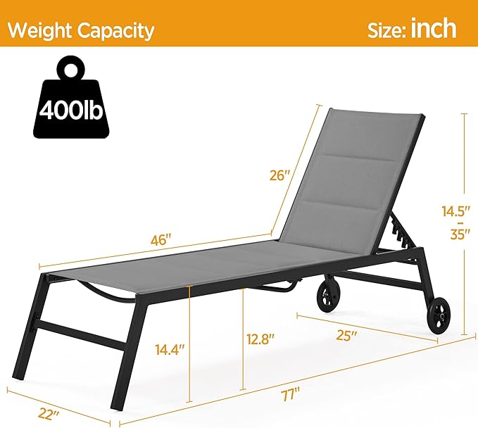 Yaheetech Outdoor Patio Chaise Lounge, All Weather Outdoor Lounge with Wheels, 5-Position Adjustable Recliner for Patio - Photo 2