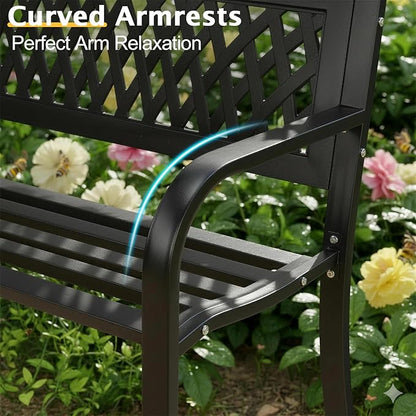 49" Outdoor Garden Bench, Patio Metal Frame Park Bench with Tulip Pattern Backrest for Porch, Lawn, Deck