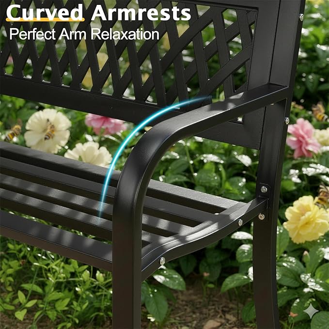 Outvita Outdoor Bench, 50" Iron Steel Frame Garden Bench with Tulip Pattern and Plastic Backrest Armrests, Patio Bench for Garden Park Yard Front Porch Patio, Black