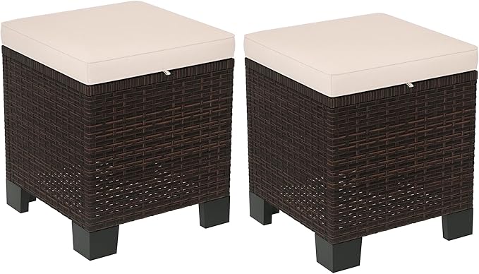 Outsunny 2 Pieces Outdoor Patio Ottomans, All Weather Wicker Outdoor Footstools with Removable Cushions, 3-in-1 PE Rattan Ottoman Seat, Footrest and Side Table for Backyard, Poolside, Cream White
