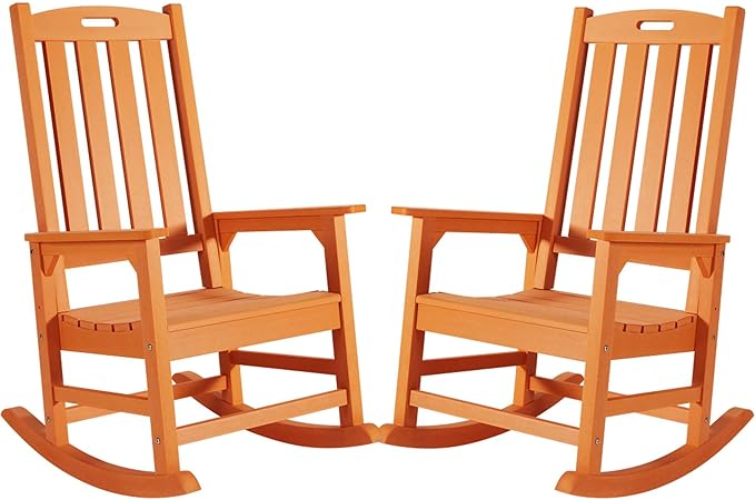Psilvam Oversized Outdoor Rocking Chair Set of 2, Porch Rocker with 21" Wide Seat and 32" Tall Backrest, Pre-Assembled with Most Components for Effortless Installation (Orange)