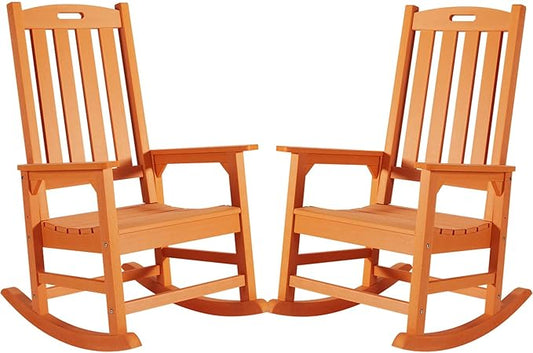 Psilvam Oversized Outdoor Rocking Chair Set of 2, Porch Rocker with 21" Wide Seat and 32" Tall Backrest, Pre-Assembled with Most Components for Effortless Installation (Orange)