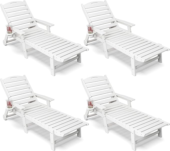 Patio Chaise Lounge Chair Set of 4, HDPE Outdoor Lounge Chairs with 5-Position Adjustable Backrest, Cup Holder and Wheels, 450lbs Capacity for Poolside Deck Backyard, All Weather Material(White)