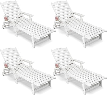 Patio Chaise Lounge Chair Set of 4, HDPE Outdoor Lounge Chairs with 5-Position Adjustable Backrest, Cup Holder and Wheels, 450lbs Capacity for Poolside Deck Backyard, All Weather Material(White)