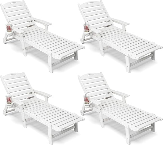 Patio Chaise Lounge Chair Set of 4, HDPE Outdoor Lounge Chairs with 5-Position Adjustable Backrest, Cup Holder and Wheels, 450lbs Capacity for Poolside Deck Backyard, All Weather Material(White)