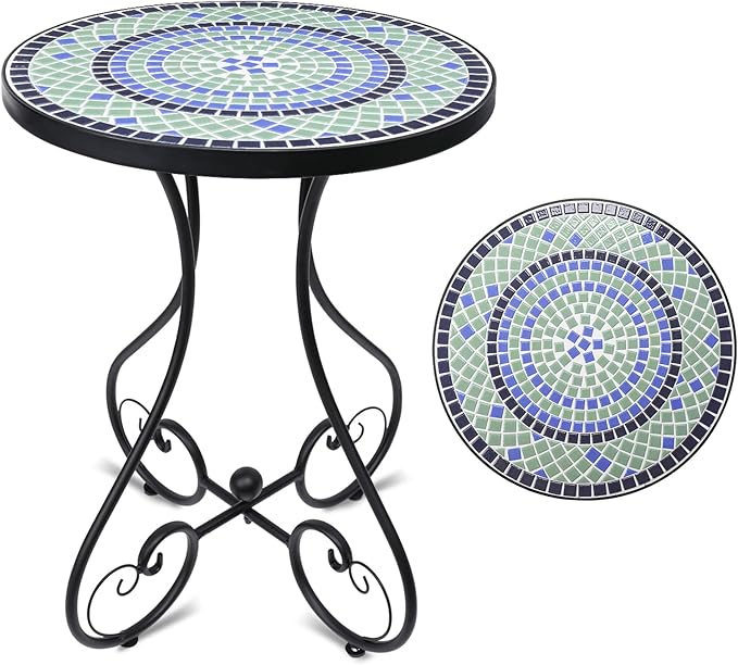 VCUTEKA Mosaic Outdoor Side Table, Round Rustproof Patio Table with 14" Ceramic Tile Top, Indoor Porch Accent Table for Yard, Garden, Living Room, Bistro Balcony, Blue