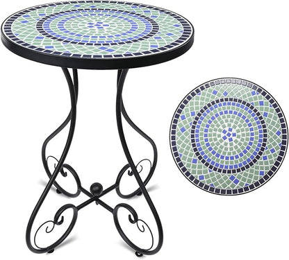 VCUTEKA Mosaic Outdoor Side Table, Round Rustproof Patio Table with 14" Ceramic Tile Top, Indoor Porch Accent Table for Yard, Garden, Living Room, Bistro Balcony, Blue