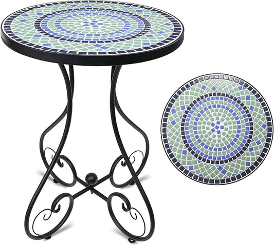 VCUTEKA Mosaic Outdoor Side Table, Round Rustproof Patio Table with 14" Ceramic Tile Top, Indoor Porch Accent Table for Yard, Garden, Living Room, Bistro Balcony, Blue