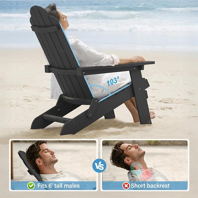 MXIMU Folding Adirondack Chair for Outdoor: Easy Assembly Adirondack Chairs Set of 2 - Composite Plastic Fire Pit Chairs - All Weather Plastic Chair for Outside Patio Lawn Garden Backyard Use