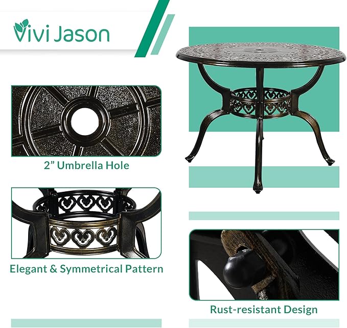 VIVIJASON 38.5" Patio Bistro Table Outdoor Dining Round Table Bronze Cast Aluminum Table with Umbrella Hole