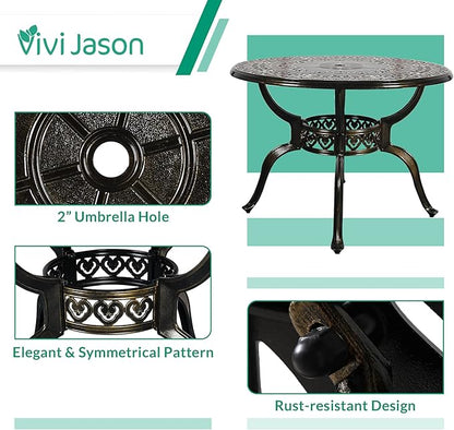 VIVIJASON 38.5" Patio Bistro Table Outdoor Dining Round Table Bronze Cast Aluminum Table with Umbrella Hole