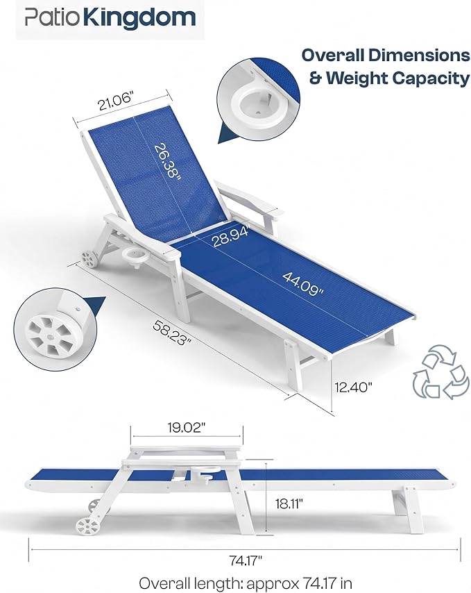 Patio Chaise Lounge Chair with Wheels & Cup Holder, HDPE Textilene Outdoor Lounge Chair 5 Positions Adjustable for Poolside Deck Patio Backyard (4, White Frame, Royal Blue Textilene)