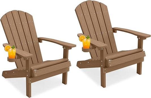 YEFU Adirondack Chairs Set of 2: Outdoor Chair HIPS Plastic Adirondack Chairs - Patio Chairs with Cup Holder & Wood Texture - Lawn Fire Pit Deck Porch Garden Chairs for Adults (Teak)