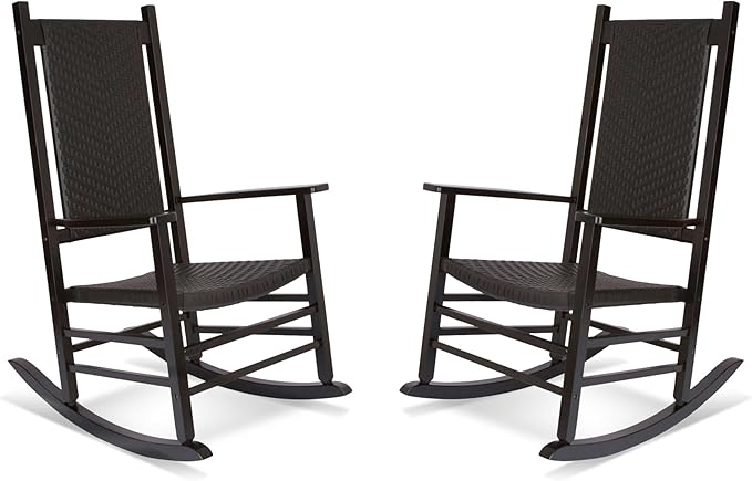 Shine Company Set of 2 Hampton Porch Rockers, High Back Wood Rocking Chairs, Rattan Backrest & Seat, 2-Pack, Black