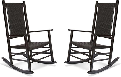 Shine Company Set of 2 Hampton Porch Rockers, High Back Wood Rocking Chairs, Rattan Backrest & Seat, 2-Pack, Black