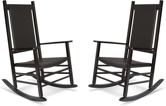 Shine Company Set of 2 Hampton Porch Rockers, High Back Wood Rocking Chairs, Rattan Backrest & Seat, 2-Pack, Black
