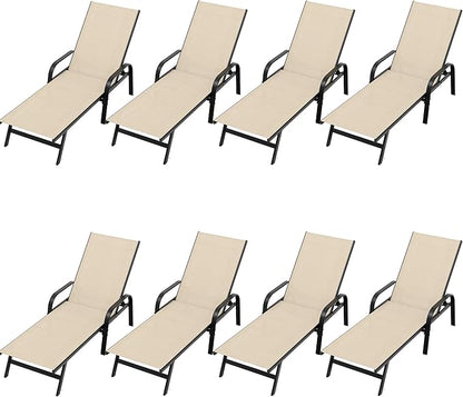 Outdoor Lounge Chair, Adjustable Patio Reclining Chaise with Textilene Fabric, Pool Lounge Chair with 5-Position Backrest for Patio, Garden, Poolside & Balcony,Khaki Set of 8