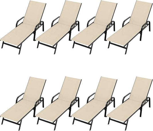 Outdoor Lounge Chair, Adjustable Patio Reclining Chaise with Textilene Fabric, Pool Lounge Chair with 5-Position Backrest for Patio, Garden, Poolside & Balcony,Khaki Set of 8