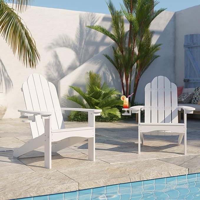 LUE BONA HDPS Adirondack Chairs, 1 Chair, Long-Lasting All-Season Outdoor Patio, Hidden Cup Holder, 350 LBS, White