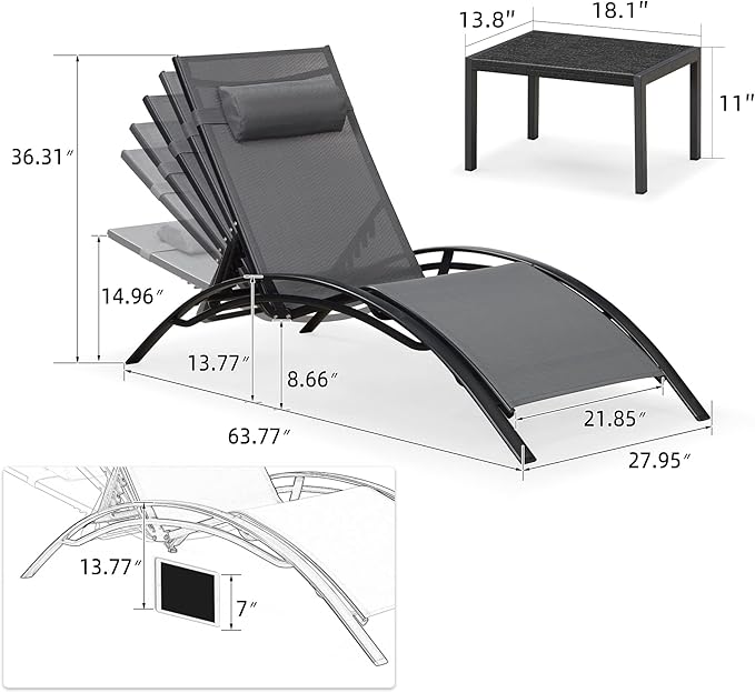 PURPLE LEAF Patio Oversized Chaise Lounge Chair Set with 2 Side Table Pool Adjustable Recliner Chairs for Outside Beach Outdoor Sunbathing Tanning Poolside Loungers