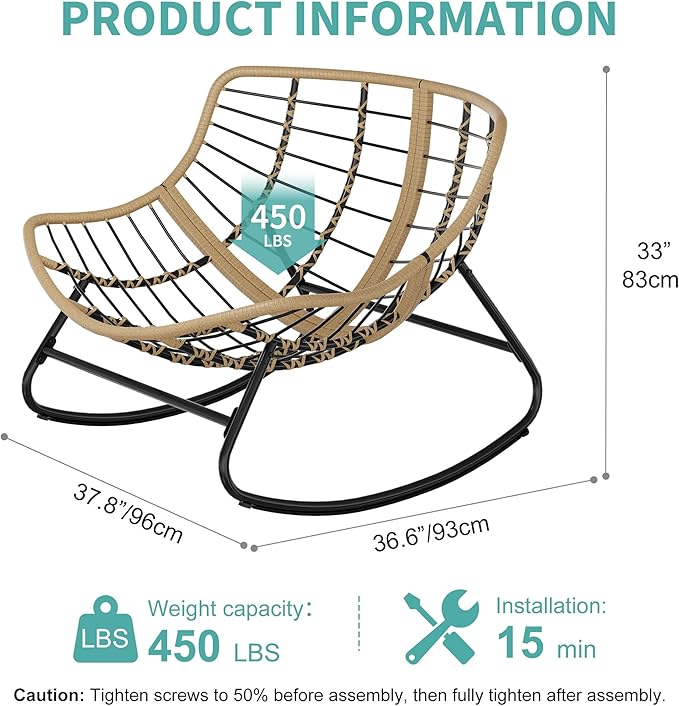 Fancyango Oversized Egg Rocking Chair for Indoor/Outdoor – All-Weather Wicker Rattan Lounge Chair with Cushion, Patio Rocker for Porch, Garden, or Balcony (Dark Grey1, 37.8" D x 36.6" W x 33" H)