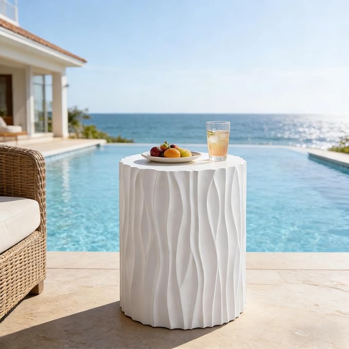 Merax 15.75” Outdoor Round Side Table, Wavy Fluted MGO Accent Table with 240 lbs Capacity, All-Weather Patio Furniture for Garden, Balcony, White