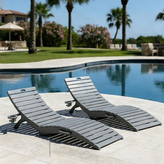 Pre-Assembled Folding in-Pool Lounge Chair, HDPE Outdoor Chaise Lounge with Cup Holder, Pool Lounge Chair for Poolside, Patio, Beach, Deck (Grey)