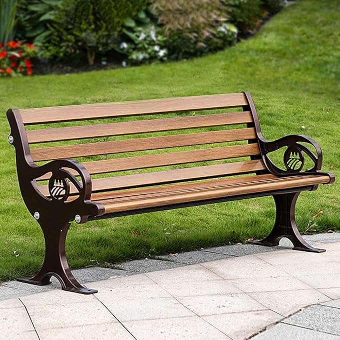 LITFAD Outdoor Bench Modern Park Bench with Corrosion Resistant Metal Frame, Dark Brown Wooden Seating with Backrest, Garden Bench for Patio, Lawn, Yard, Porch - Type E, 59" L x 21.5" W x 29.5" H