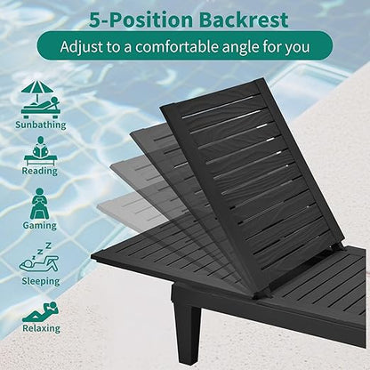 YITAHOME Patio Lounge Chair Set of 2, Outdoor Chaise Lounge with 5-Position Backrest, 265lbs Weight Capacity for Backyard, Poolside, Waterproof & Easy Assembly (Black)