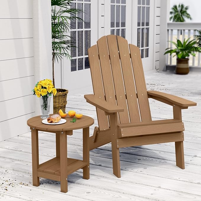 MXIMU Round Outdoor Side Table Adirondack Tables 18 Inch Chairside End Tables with Storage Shelf, 2-Tier Plastic Patio Side Table, Weather Resistant for Balcony Backyard Lawn (Teak, 2 Pack)