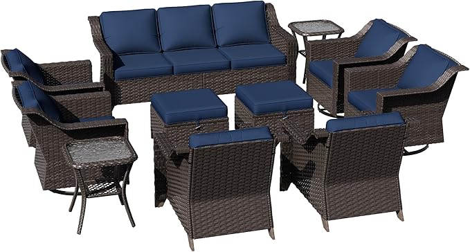 11 Pieces Patio Conversation Furniture Set - 1 Sofa, 2 Ottoman, 2 Armchairs, 4 Swivel Chairs, 2 Side Tables - Photo 7
