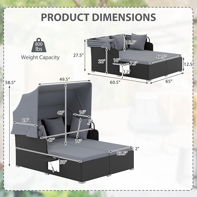 ORALNER Outdoor Daybed, 2-Person Wicker Patio Sofa with Retractable Canopy, Cushions & Pillows, 2 Side Trays - Photo 2