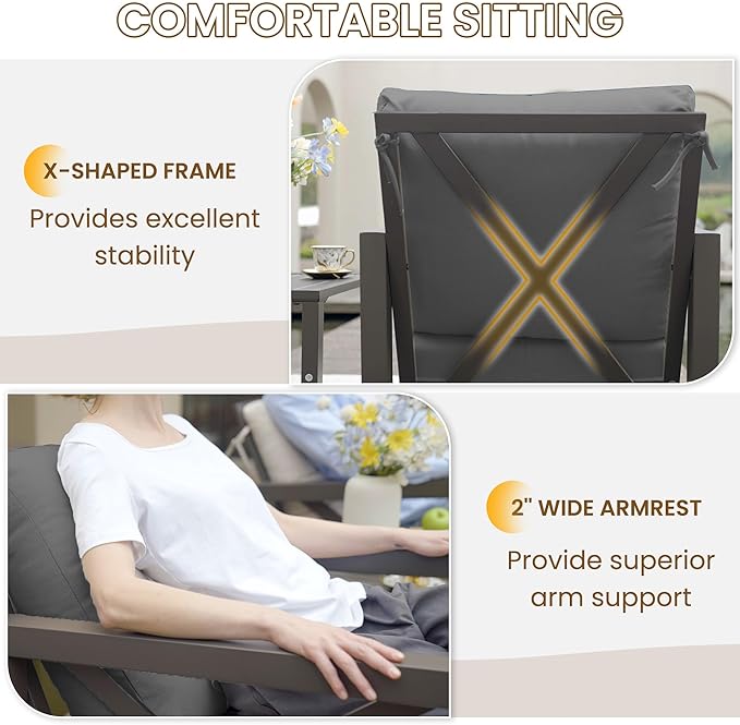 UDPATIO Outdoor Rocking Chair Set of 2 with Coffee Table, 3 Piece Metal Patio Furniture Set with 6.5" Water-Resistant Cushions, Oversized, 350lbs Heavy-Duty, for Porch, Patio, Balcony, Dark Grey
