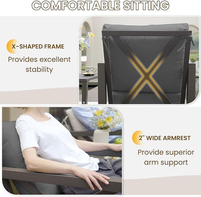 UDPATIO Outdoor Rocking Chair Set of 2 with Coffee Table, 3 Piece Metal Patio Furniture Set with 6.5" Water-Resistant Cushions, Oversized, 350lbs Heavy-Duty, for Porch, Patio, Balcony, Dark Grey