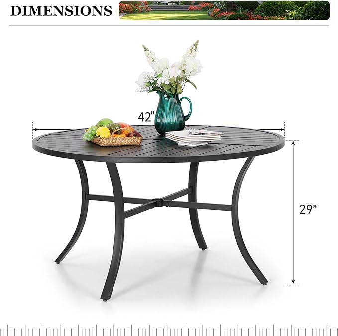 HERA'S HOUSE 42" Round Patio Table with Umbrella Hole, Outdoor Dining Table for 4, Black Metal Table for Deck Lawn Garden Backyard