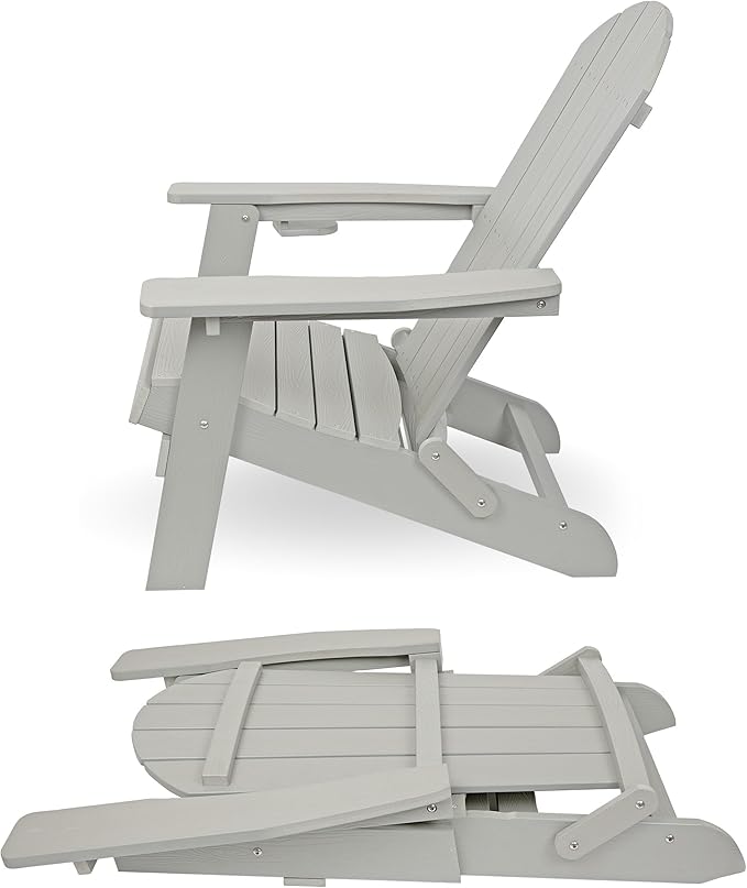 Alpine Corporation 38" H Outdoor Adirondack Folding Chair with Cup Holder and Ottoman, Classic Ergonomic Design, Patio Furniture and Accessories, Light Gray