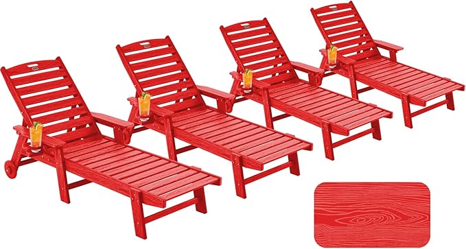 Chaise Lounge Chair Outdoor with Wheels, Oversize Patio Lounge Chairs with Wood Texture, 5-Position Plastic Lounge Chairs Set of 4-Red(Separate Delivery)