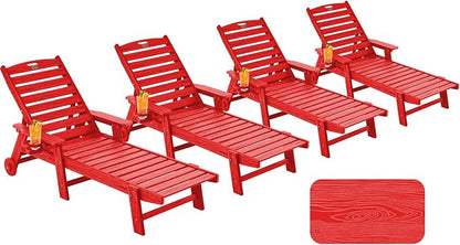 Chaise Lounge Chair Outdoor with Wheels, Oversize Patio Lounge Chairs with Wood Texture, 5-Position Plastic Lounge Chairs Set of 4-Red(Separate Delivery)