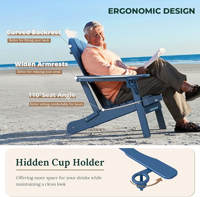 BRIOPAWS Folding-Adirondack-Chairs Set of 2 | HDPE Plastic | Fire Pit Chair | Cup Holder | Curved Back | All Weather| for Outdoor Backyard Deck Patio | Blue