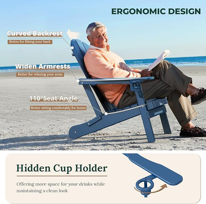 BRIOPAWS Folding-Adirondack-Chairs Set of 2 | HDPE Plastic | Fire Pit Chair | Cup Holder | Curved Back | All Weather| for Outdoor Backyard Deck Patio | Blue