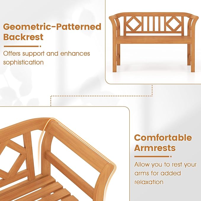 RELAX4LIFE Acacia Wood Outdoor Bench - 2 Person Patio Loveseat with Backrest and Armrests, 47 inch Garden Bench for Backyard, Porch, Lawn and Poolside, 800 lbs Weight Capacity