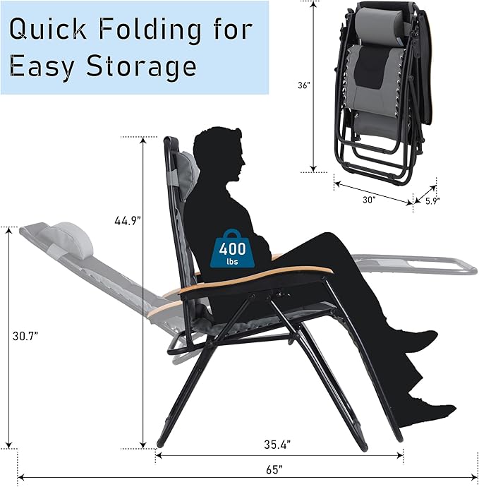 PHI VILLA XXL Oversized Padded Zero Gravity Chair, Foldable Patio Recliner, 30" Wide Seat Anti Gravity Lounger with Cup Holder, Support 400 LBS (Gray)