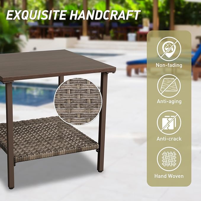 Vista Oasis Outdoor Steel Patio Table, Patio Side Table with Lower Storage, Outdoor Furniture for Balcony, Porch and Garden, Wood Grain Top